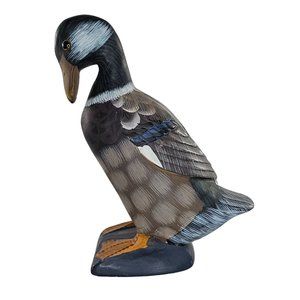 Vintage Carved Stone Duck Hand Painted Figurine Glass Eyes Head Tucked Bird